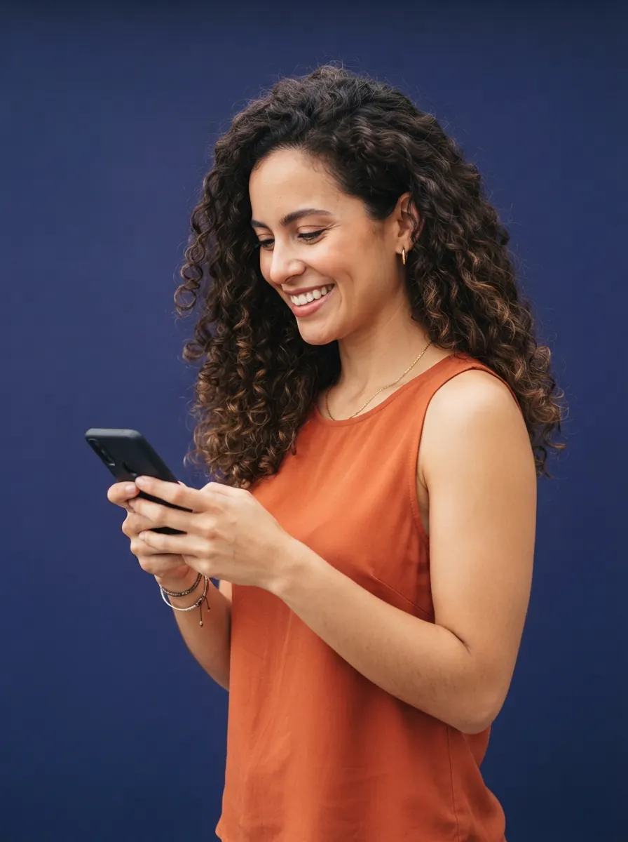 Mujer sonriendo mientras responde a sus clientes desde el celular